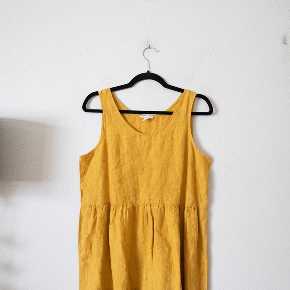 Eileen Fisher Washed Organic Linen Delave Tiered Dress Marigold Yellow - Picture 3 of 6